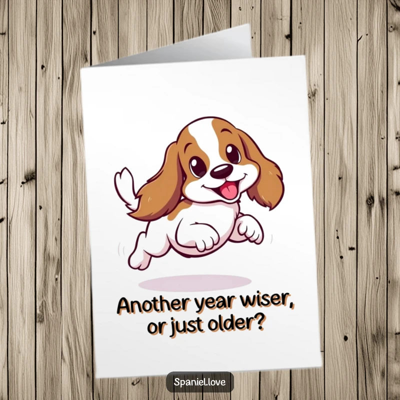 Funny free printable birthday card showing a spaniel doing a hilarious sideways scurry with a furiously wagging tail.