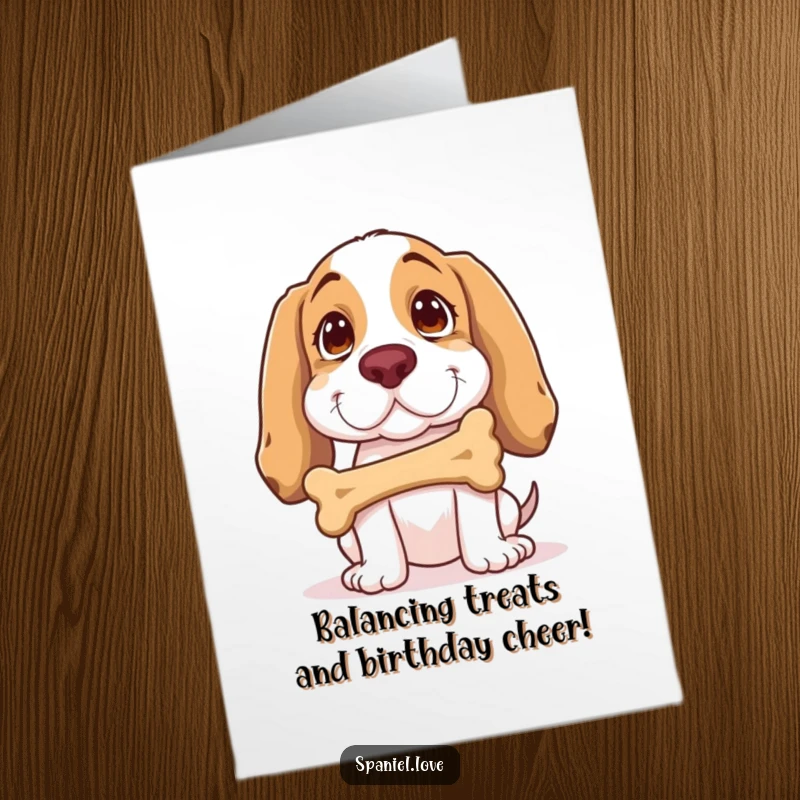 Funny Free Printable Birthday Card: Spaniel concentrating hard, balancing a bone on its nose with focus. Adorable and hilarious.