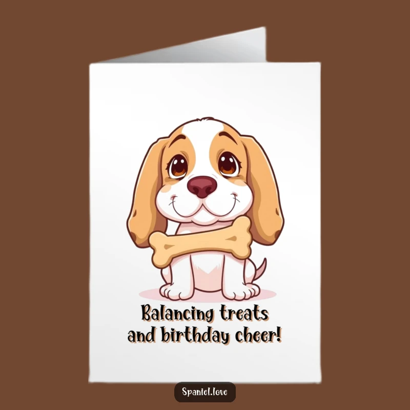 Free Printable Birthday Card: Spaniel Bone Balance, Funny Dog Gift Downloadable