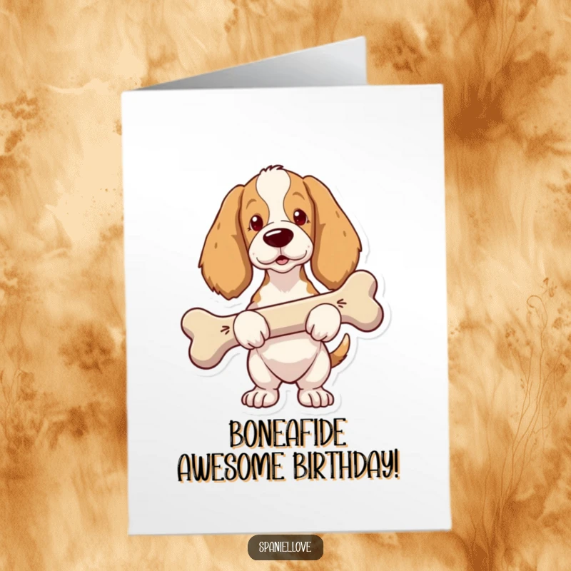 Funny Free Printable Birthday Card: Spaniel with a proud look carrying a comically oversized bone.