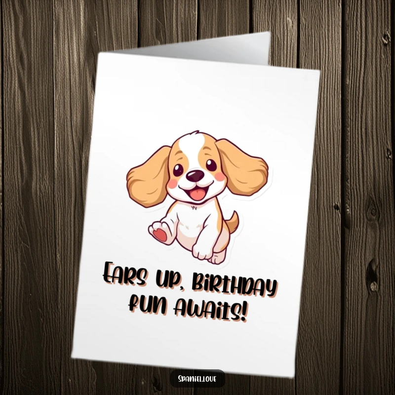 Funny Free Printable Birthday Card: Goofy Spaniel with ears flying mid-jump, conveying pure birthday joy and silliness.