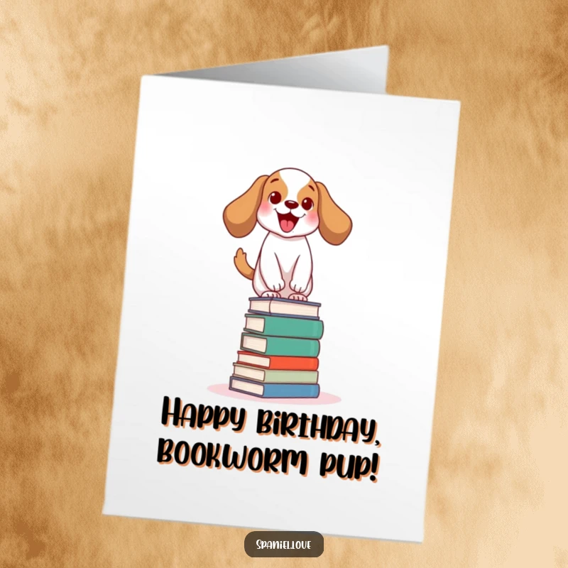 Funny Free Printable Birthday Card: Excited spaniel wags tail wildly while balancing atop a tall stack of books.