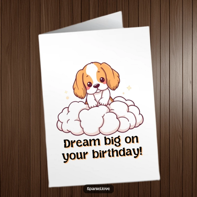 Funny Free Printable Birthday Card: Spaniel playfully digging in a pile of soft, fluffy clouds.