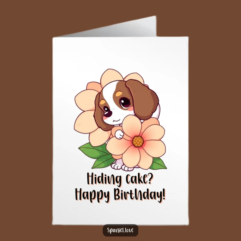 Free Printable Birthday Card: Cute Spaniel Behind Flower for a Funny Downloadable Gift