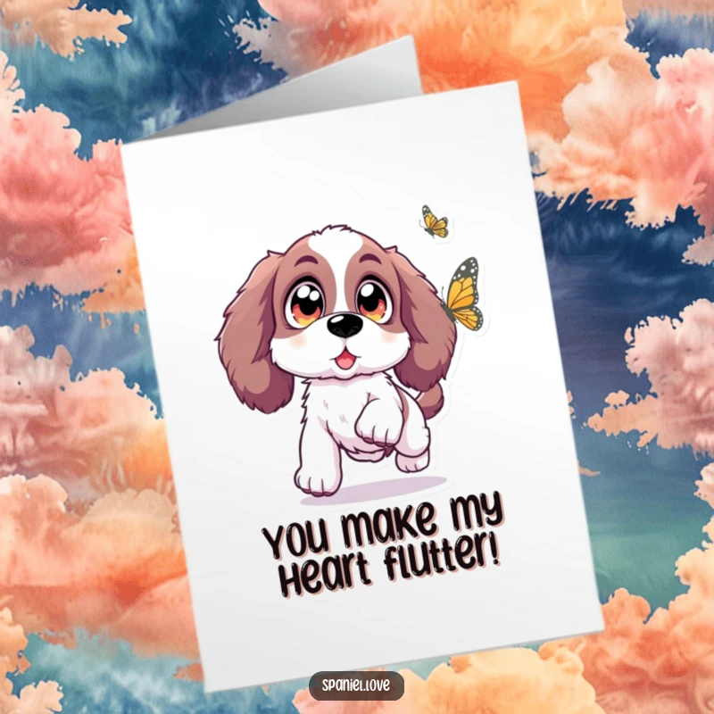 Funny Free Printable Birthday Card: Spaniel with sparkling eyes leaping for a butterfly, downloadable birthday magic.
