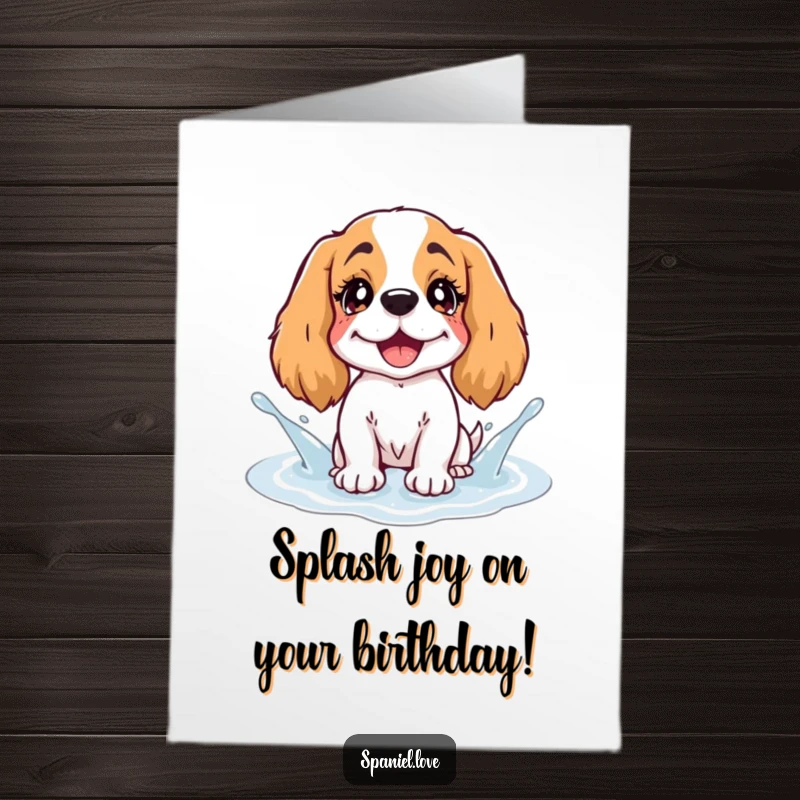Funny Free Printable Birthday Card: Spaniel with twinkling eyes joyfully splashing in a puddle of giggles.