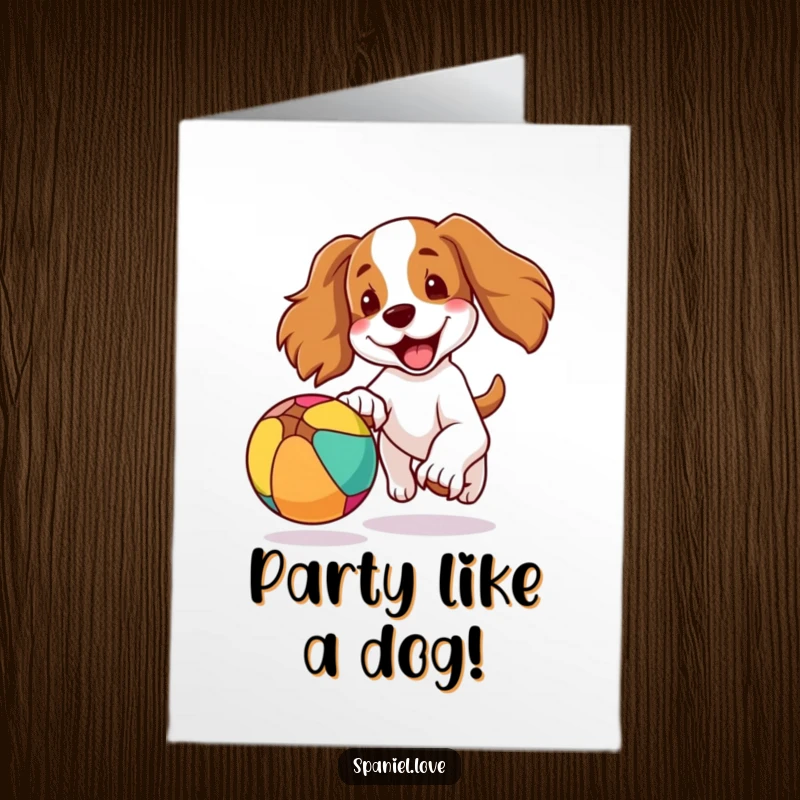 Funny Free Printable Birthday Card: A spaniel joyfully chases a bouncing ball, ears flapping with excitement.
