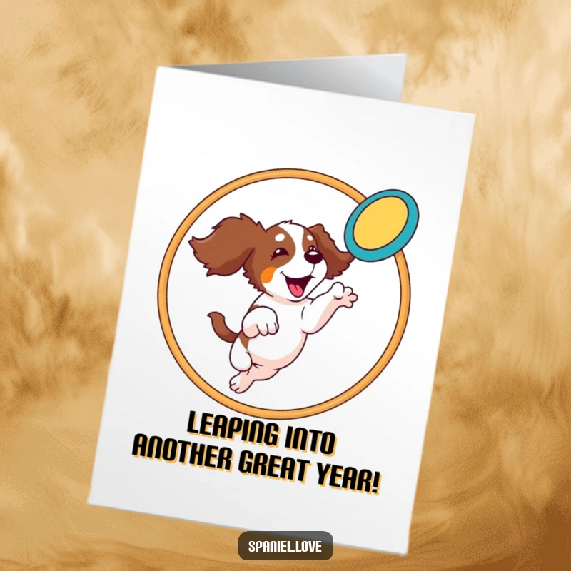 Funny Free Printable Birthday Card: Spaniel leaping dramatically through a hoop, catching a frisbee mid-air. Action-packed celebration.
