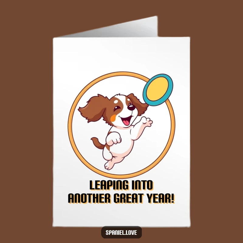 Free Printable Birthday Card: Leaping Spaniel, Funny Dog Frisbee Action Gift