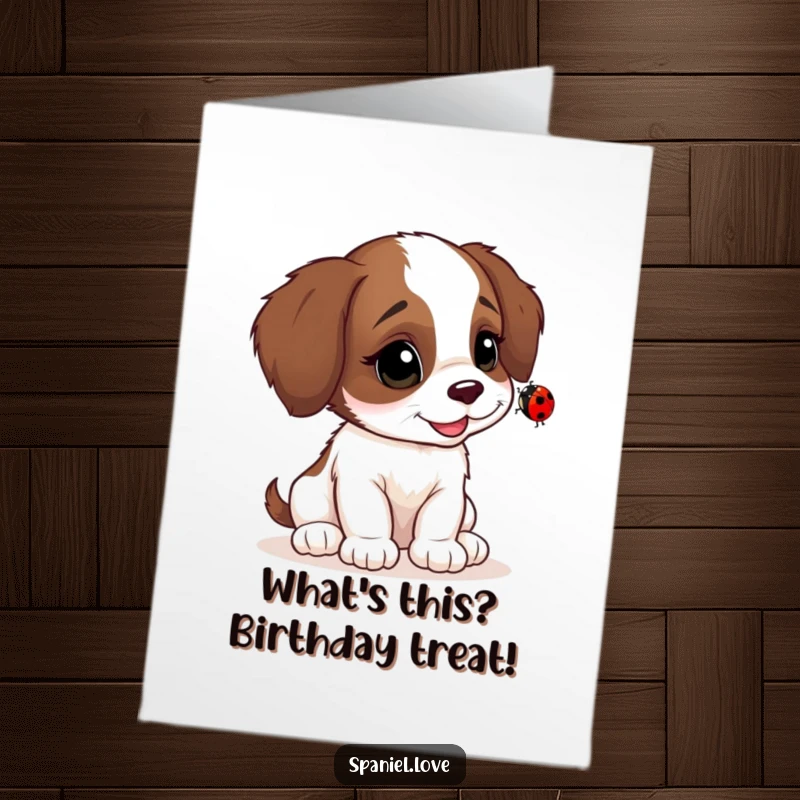 Funny Free Printable Birthday Card: A happy spaniel cub tilts its head curiously at a tiny ladybug.