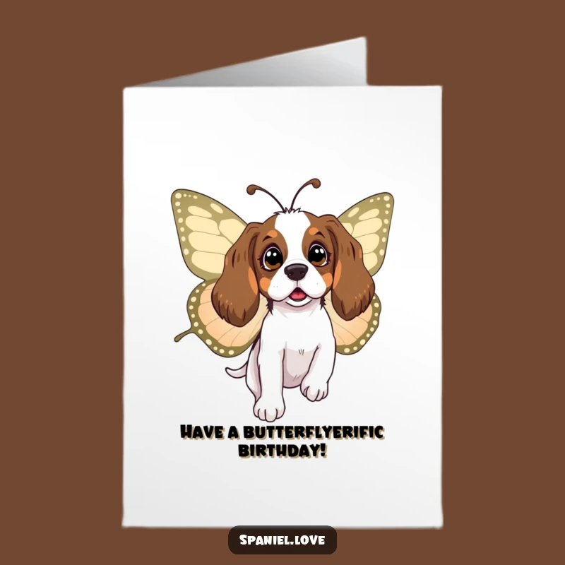 Free Printable Birthday Card: Surprised Spaniel Butterfly Ride, Funny Gift Download