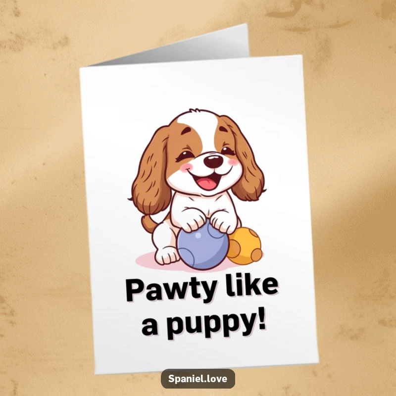 Funny Free Printable Birthday Card: A kawaii spaniel barks happily while nudging a ball.