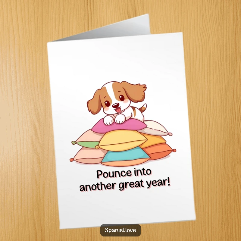 Funny free printable birthday card: A spaniel joyfully pounces onto a heap of colorful pillows, celebrating with energy.