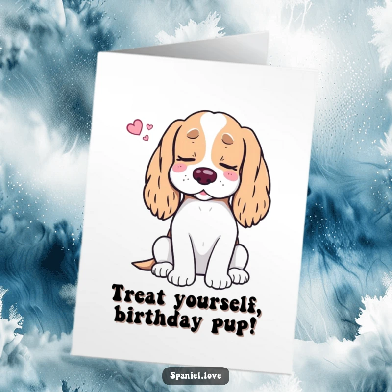 Funny Free Printable Birthday Card: Spaniel dreaming of treats with closed eyes, perfect for a dog lover.