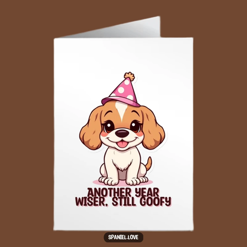 Funny Free Printable Birthday Card: Goofy Spaniel Grin, Party Hat Downloadable Gift