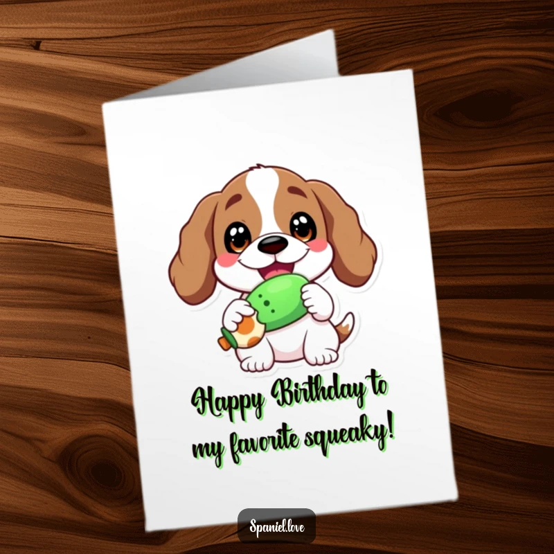 Funny Free Printable Birthday Card: A spaniel with a huge happy grin holds a squeaky toy, ready for birthday fun.