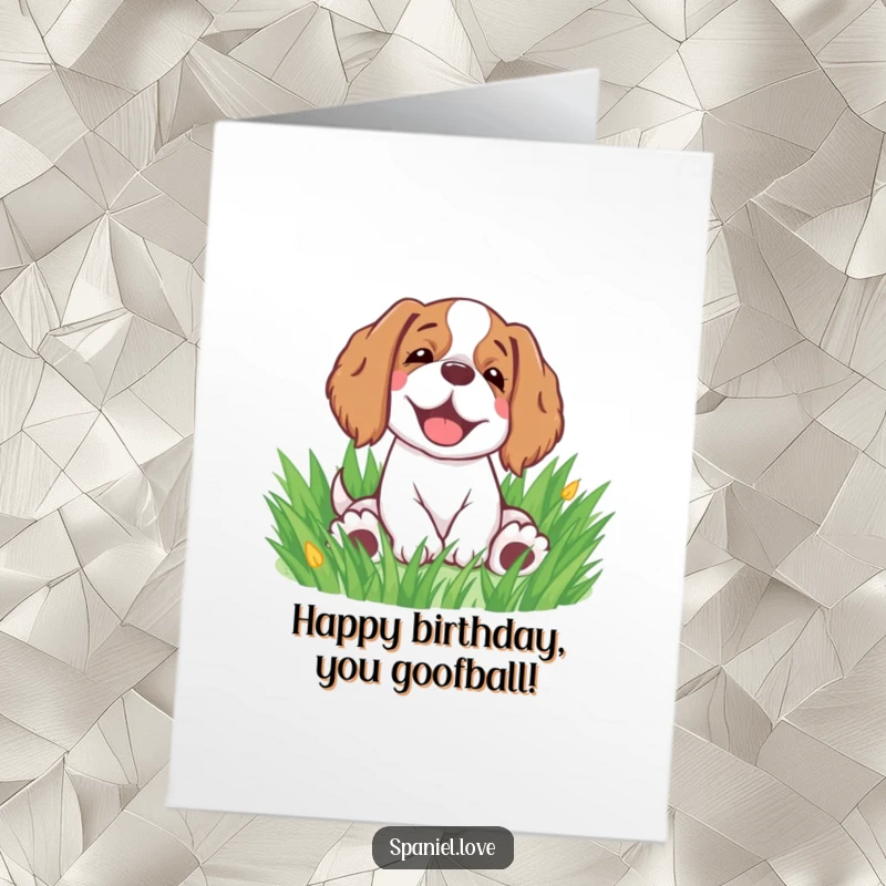 Funny Free Printable Birthday Card: A spaniel with a happy sigh rolling joyfully in green grass. Blissful birthday, downloadable art.