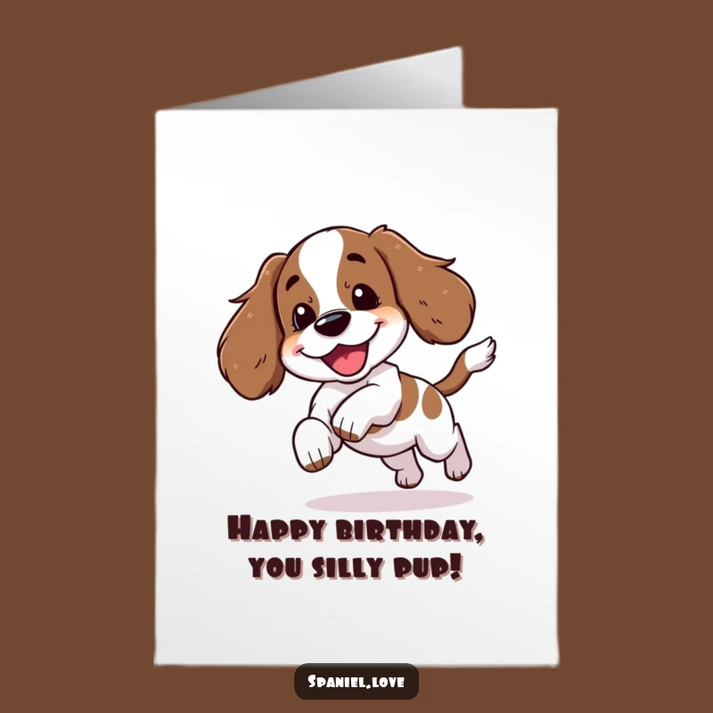 Free Printable Birthday Card: Spaniel Tail Chase Funny Downloadable Gift