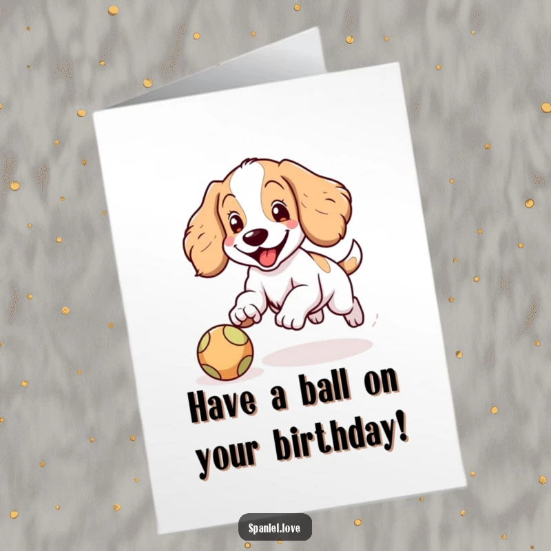 Funny Free Printable Birthday Card: A spaniel with floppy ears joyfully chasing a bouncing ball, downloadable birthday cheer.