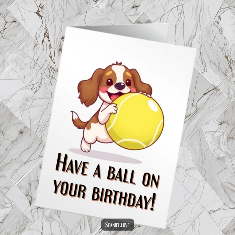 Funny Free Printable Birthday Card: A joyful spaniel character energetically bouncing a comically large tennis ball, celebrating birthdays.