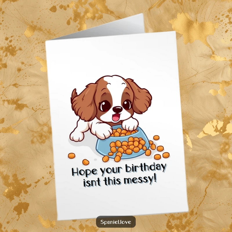 Funny free printable birthday card: a spaniel comically sliding on spilled kibble with a look of pure surprise.