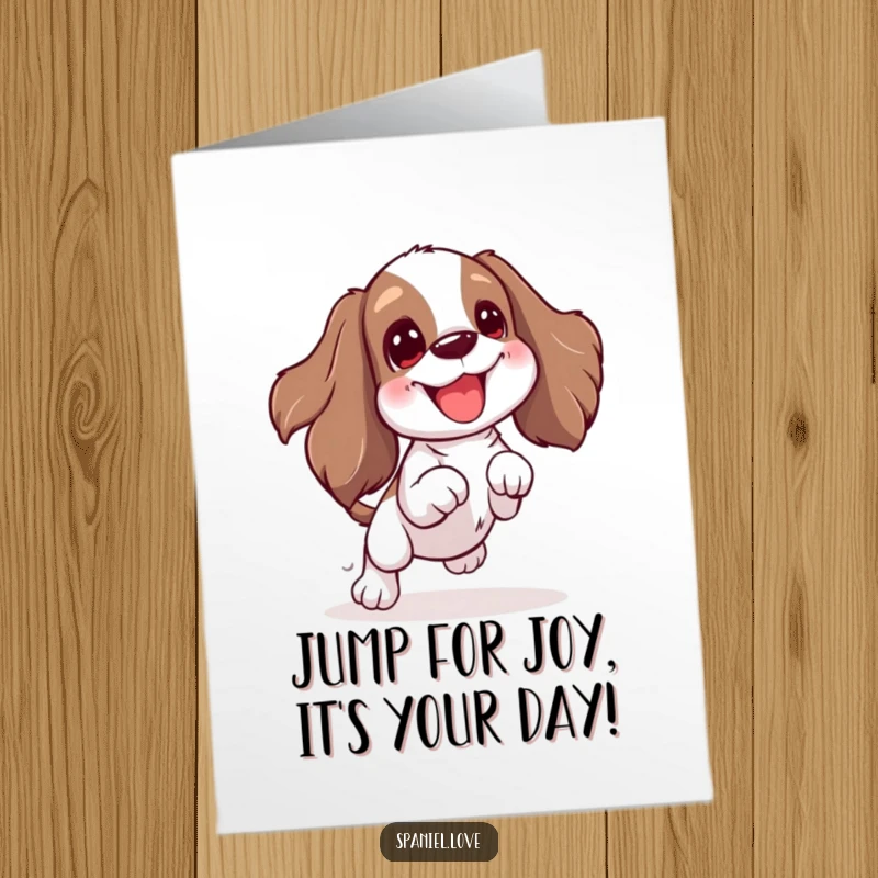 Free Printable Birthday Card: Spaniel character wiggling with excitement, jumping up for a favorite toy.