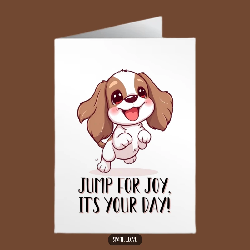 Free Printable Birthday Card: Excited Spaniel, Toy Jump, Downloadable Fun Gift