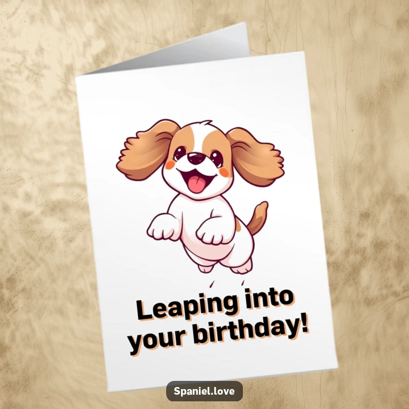 Funny free printable birthday card: Kawaii spaniel with floppy ears flying, leaping high in the air with pure delight.