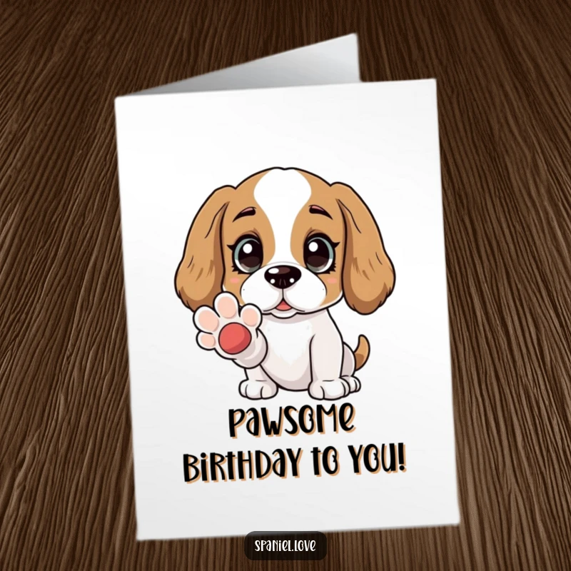 Free Printable Birthday Card: Spaniel character with wide, adoring eyes, gently offering a paw.