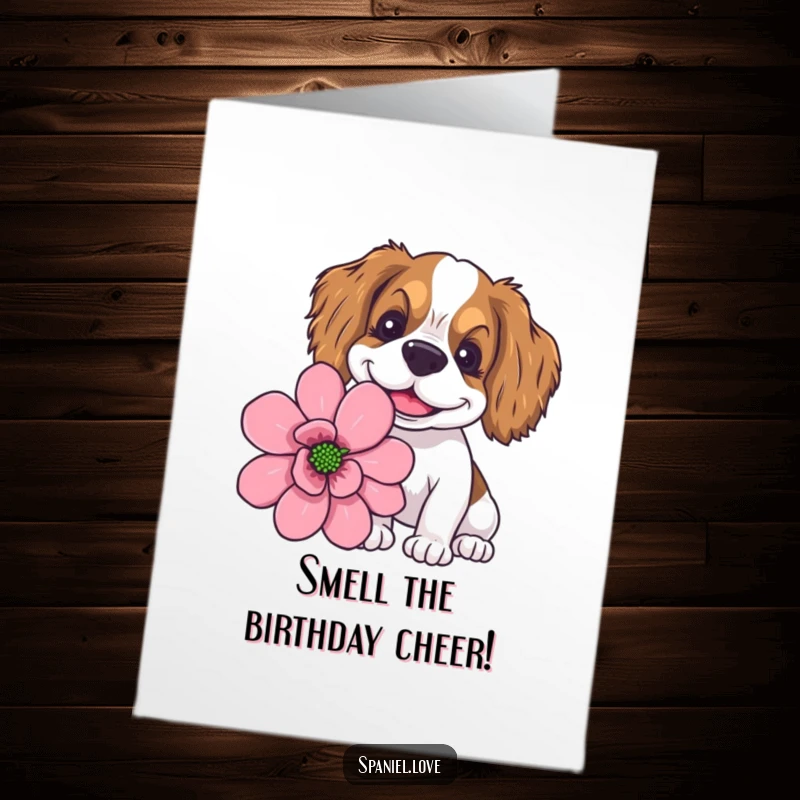 Funny Free Printable Birthday Card: A spaniel with a wide, goofy smile happily sniffing a giant, colorful flower.