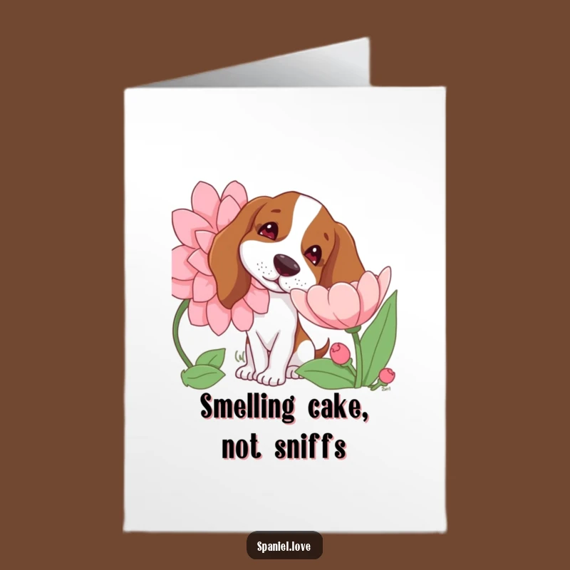 Free Printable Birthday Card: Curious Spaniel Sniffing Flower, Sweet Downloadable Gift