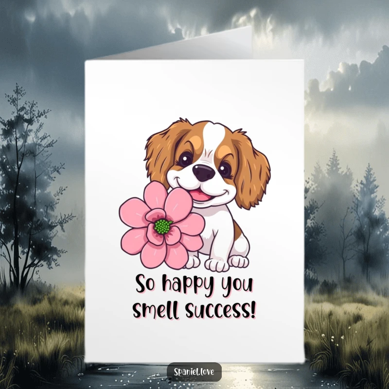 Funny Free Printable Congratulations Card: A spaniel's goofy smile as it deeply sniffs a giant, beautiful flower.