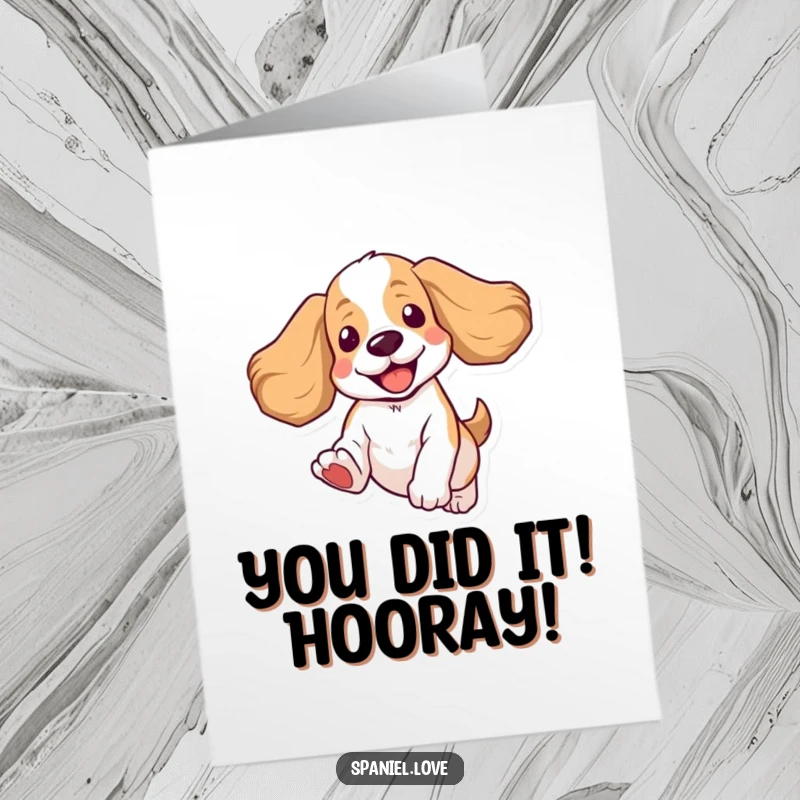Funny Free Printable Congratulations Card: Energetic spaniel leaping with ears flying, perfect for celebrating any achievement.