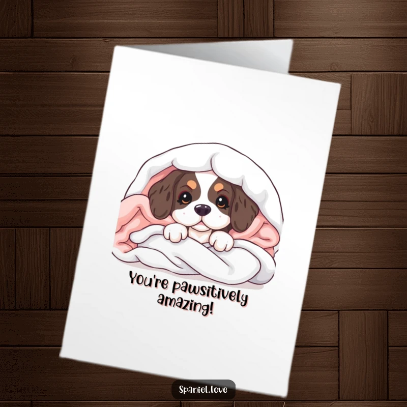 Cute Free Printable Congratulations Card: A spaniel puppy peeks from under soft blankets, celebrating your success.