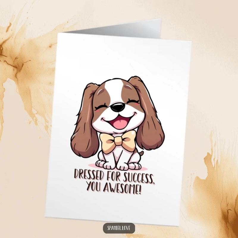Funny Free Printable Congratulations Card: A spaniel winks while wearing an enormous bowtie, a chic downloadable art gift.