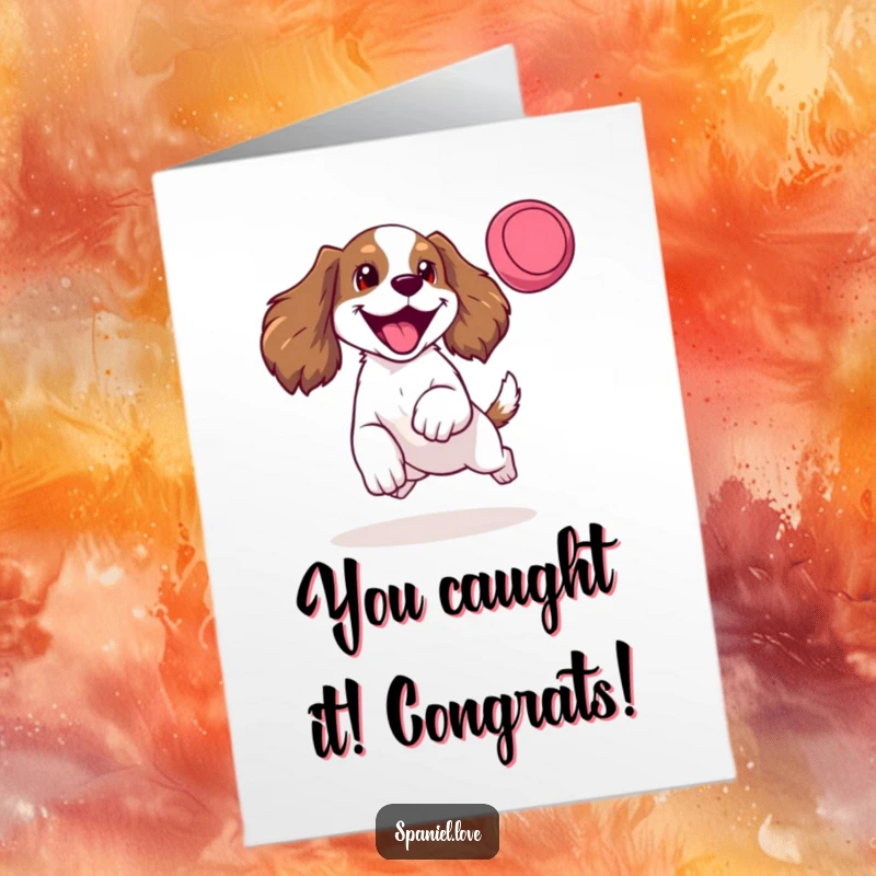 Funny Free Printable Congratulations Card: Spaniel with a happy bark and tongue out, mid-leap for a frisbee, symbolizing a perfect win.
