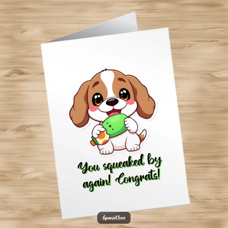 Funny Free Printable Congrats Card: A spaniel with a beaming smile proudly holds a squeaky toy, celebrating good news.