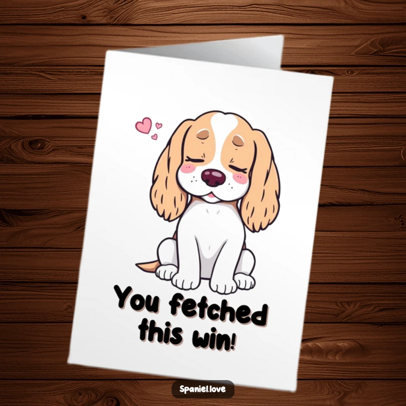 Funny Free Printable Congratulations Card: Spaniel sighing contentedly dreaming of treats, a sweet success card.