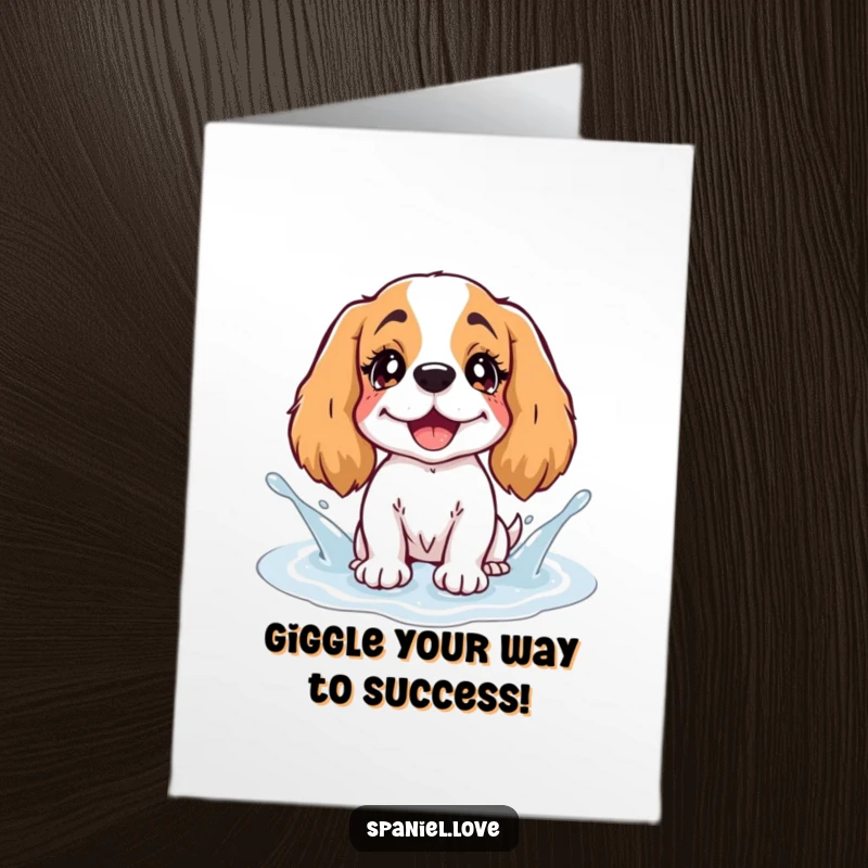 Funny Free Printable Congrats Card: Spaniel with bright, twinkling eyes splashing happily in a puddle of giggles.