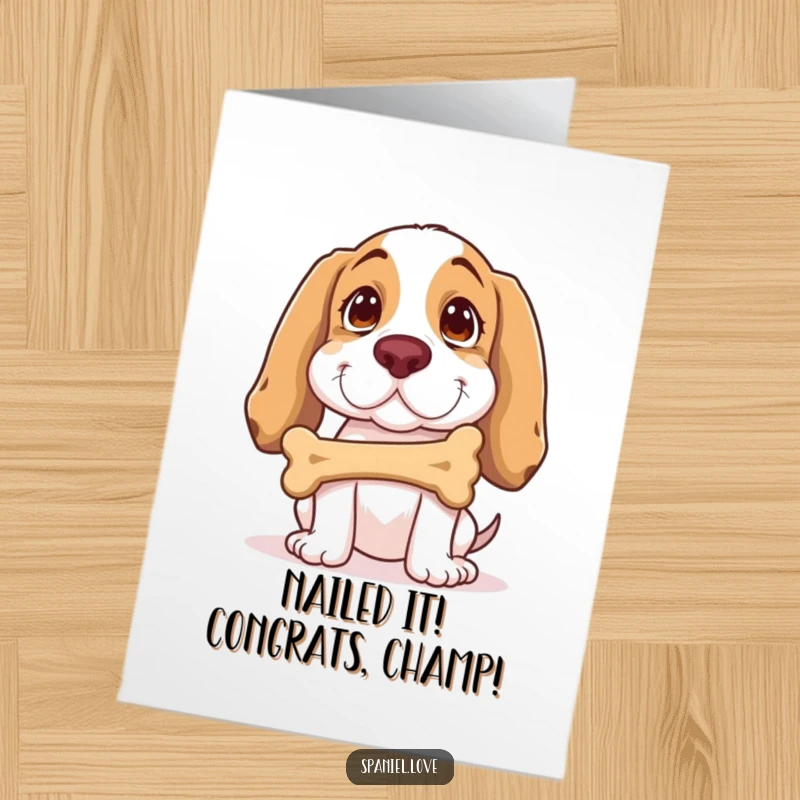 Funny Free Printable Congrats Card: Spaniel performing a balancing act with a bone on its nose. A trick for success!