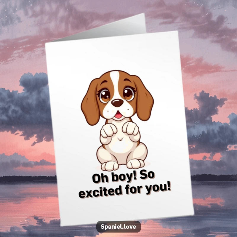 Funny Free Printable Congratulations Card: Spaniel sits expectantly, paws clasped, with wide, excited eyes celebrating an achievement.
