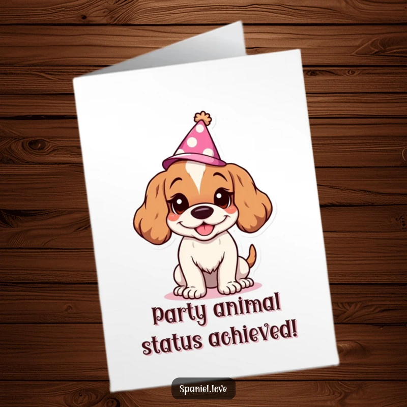 Funny Free Printable Congratulations Card: Goofy Spaniel in a party hat, grinning widely to celebrate your win.