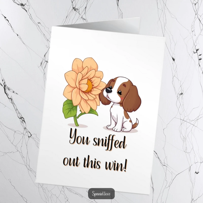 Free printable congratulations card with a spaniel's head tilted curiously as it sniffs a giant, blooming flower.