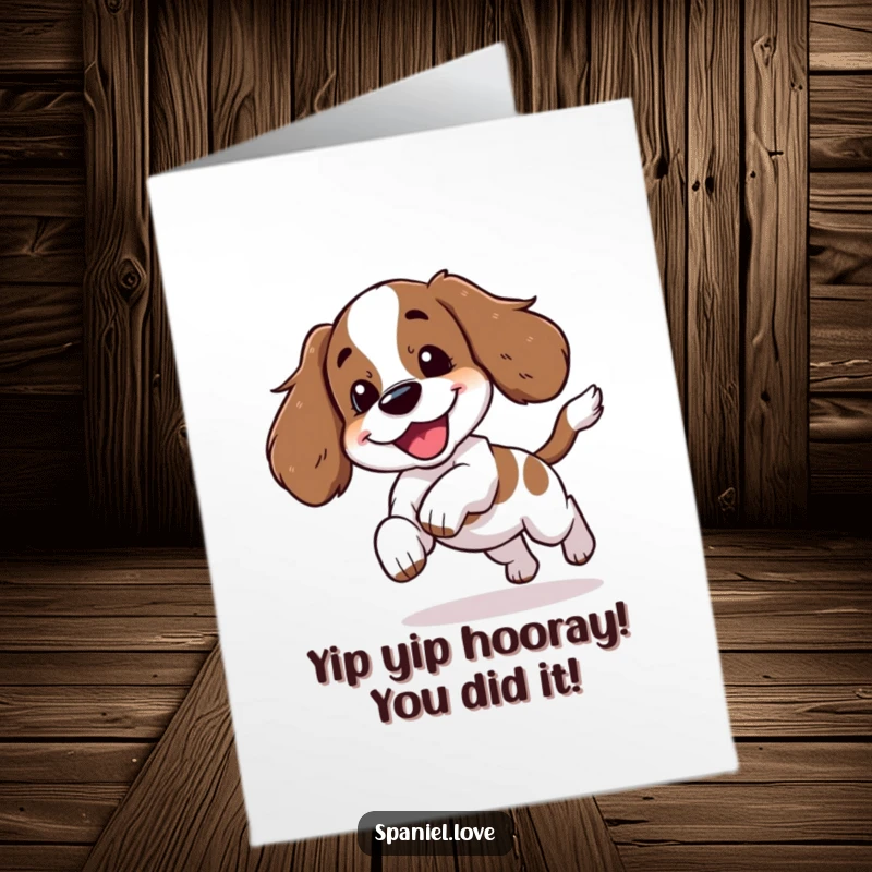 Funny Free Printable Congratulations Card: A spaniel character joyfully chases its tail, letting out a happy yip.
