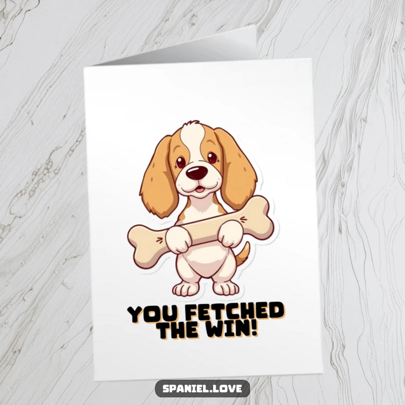 Funny Free Printable Congrats Card: Spaniel proudly carrying a comically gigantic bone, a trophy of achievement.