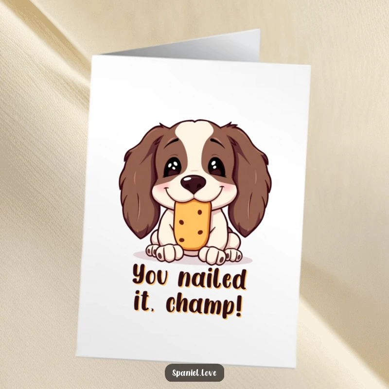 Funny Free Printable Congrats Card: Spaniel with silly grin trying to balance a tasty treat on its nose.