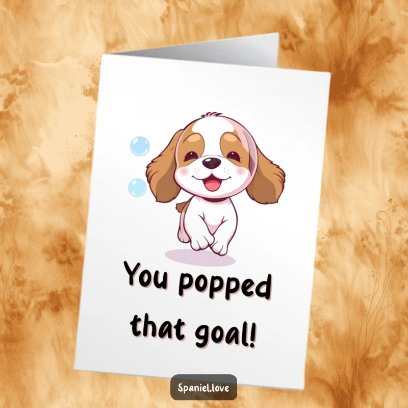 Funny Free Printable Congratulations Card: An enthusiastic spaniel happily chasing a big, sparkling bubble, celebrating their great achievement.