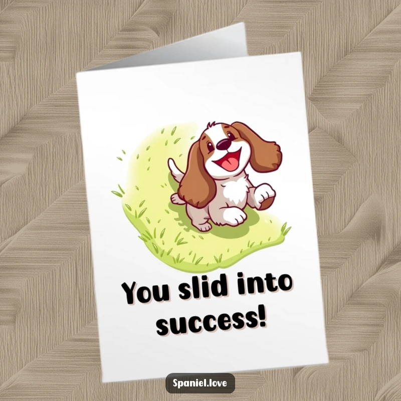 Funny Free Printable Congratulations Card: Goofy Spaniel sliding down a grassy slope with an ecstatic expression, pure celebration.
