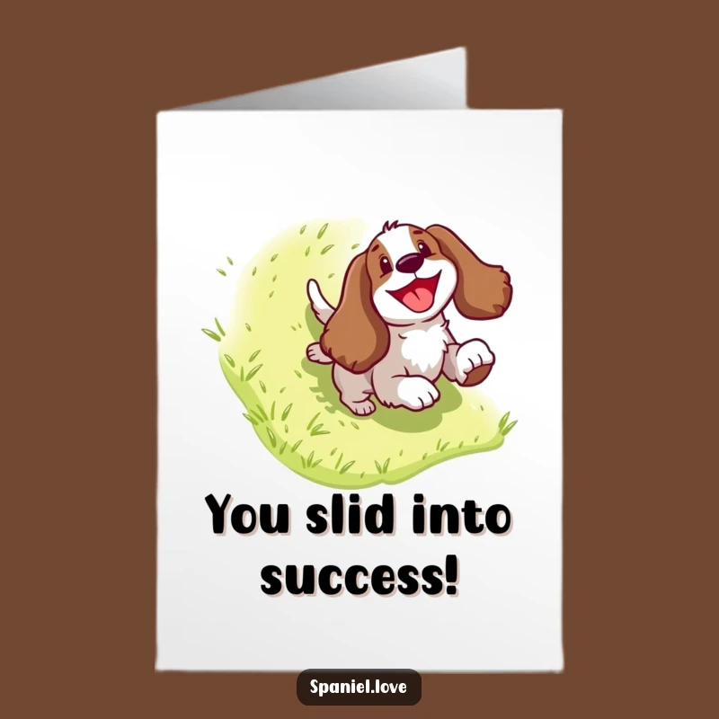 Free Printable Spaniel Congratulations Card: Joyful Dog Sliding Downhill, Perfect Downloadable Celebration