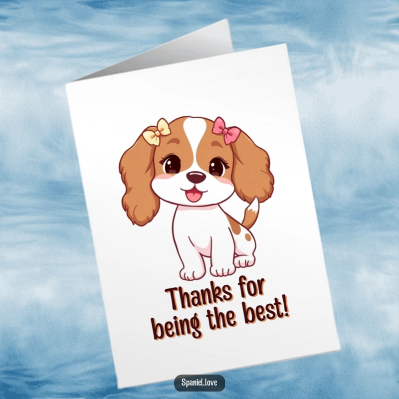Funny Free Printable Thank You Card: Spaniel with floppy ears and bows wags its tail vigorously expressing thanks.